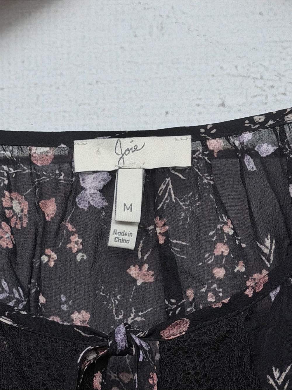 Joie Grazia Caviar Black Floral Lace Panel Smocked Blouse - Medium - Picture 3 of 6
